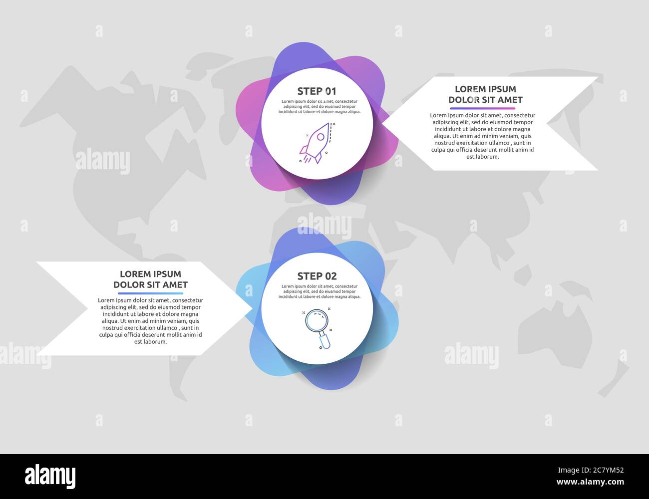 Infografiche con 2 cerchi e frecce. Modello vettoriale moderno. Può essere utilizzato per due diagrammi: Business, web, layout del flusso di lavoro, presentazioni, diagramma di flusso Illustrazione Vettoriale