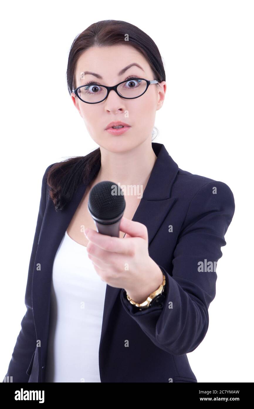 divertente giovane giornalista con microfono isolato su sfondo bianco Foto  stock - Alamy