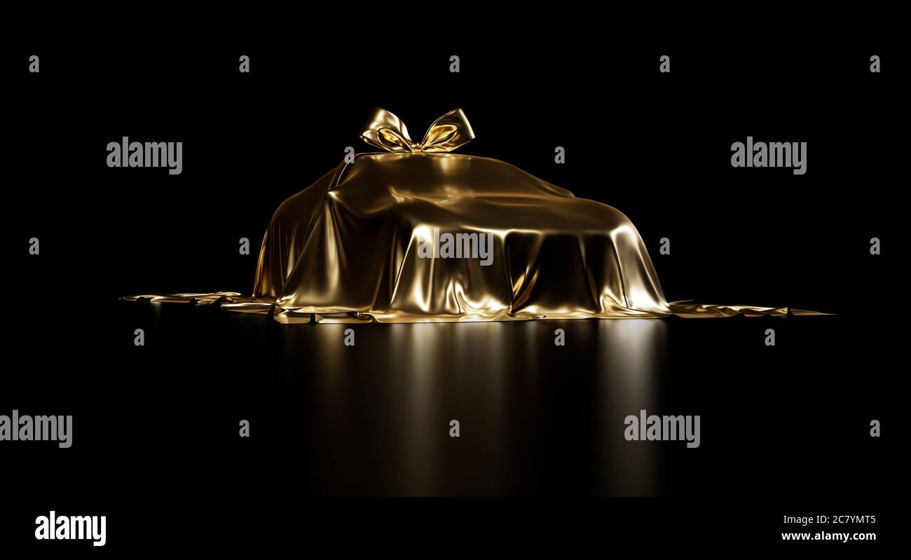 Premio per auto di lusso con fiocco velato da lucido tessuto dorato su uno sfondo nero studio con grande illuminazione. Regalo costoso. Foto Stock