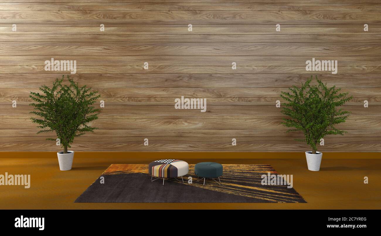 rendering 3d di tabourets interessanti. Questa illustrazione mostra un concetto di spazio moderno e minimo, dove una parete è rivestita di legno. Interessante! Foto Stock