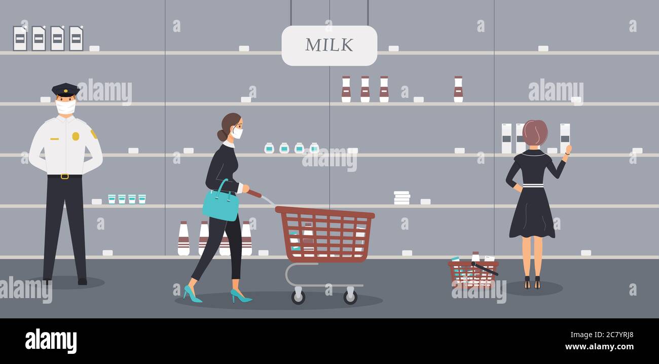 Negozio di alimentari è aperto durante l'epidemia di virus. Guardia di sicurezza nella maschera medica protettiva e il cliente seleziona il latte e altri prodotti Illustrazione Vettoriale