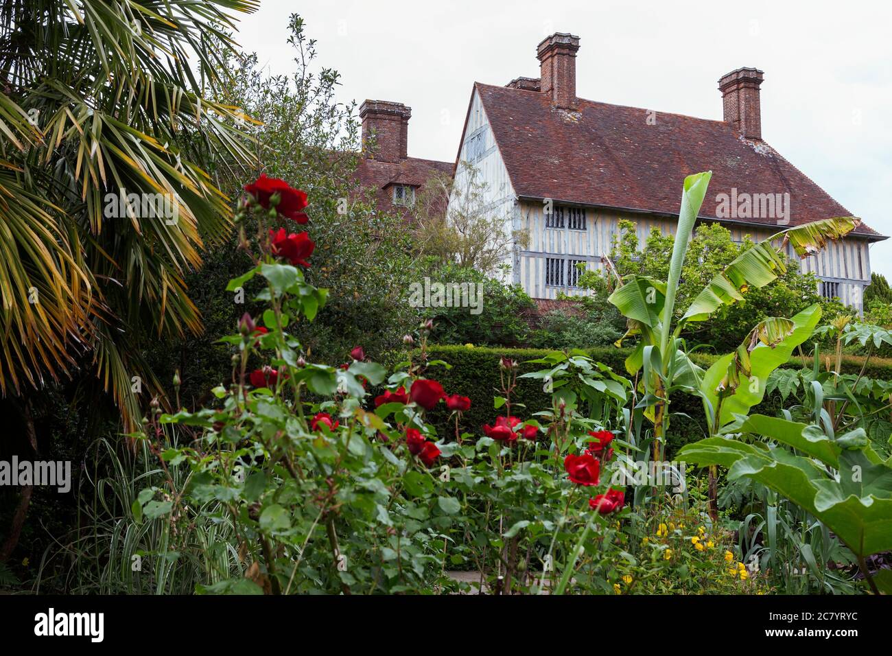 Great Dixter Manor, Northiam, East Sussex, costruito intorno al 1450, la casa di Christopher Lloyd e famoso giardino: Preso dal Giardino esotico Foto Stock