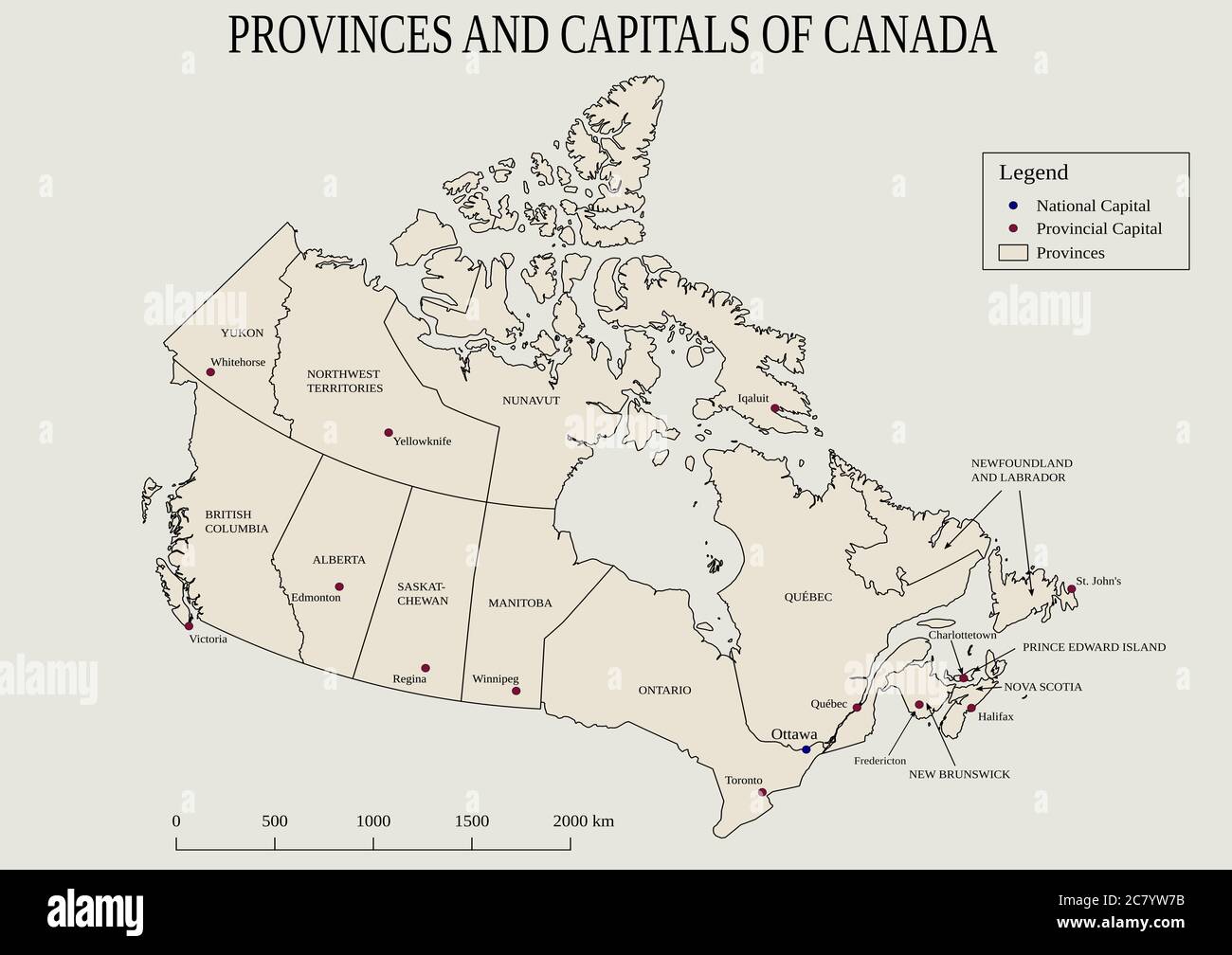 Mappa dei roccci e delle capitali del Canada Foto Stock