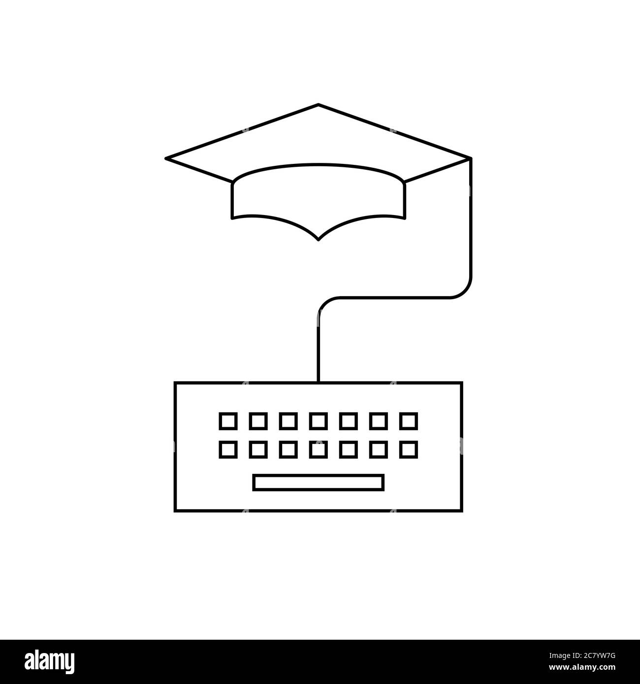 Mortarboard e un'icona della tastiera del computer. Scuola domestica, e-learning, apprendimento a distanza, formazione online, tutorial web, concetto. Vettore, piatto. Illustrazione Vettoriale