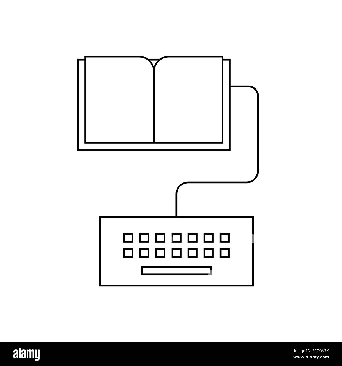 Icona della linea di simboli e-book. Un libro collegato alla tastiera di un computer. Concetto di assegnazione di scrittura. Formazione online, apprendimento a distanza, homeschooling.Vector Illustrazione Vettoriale