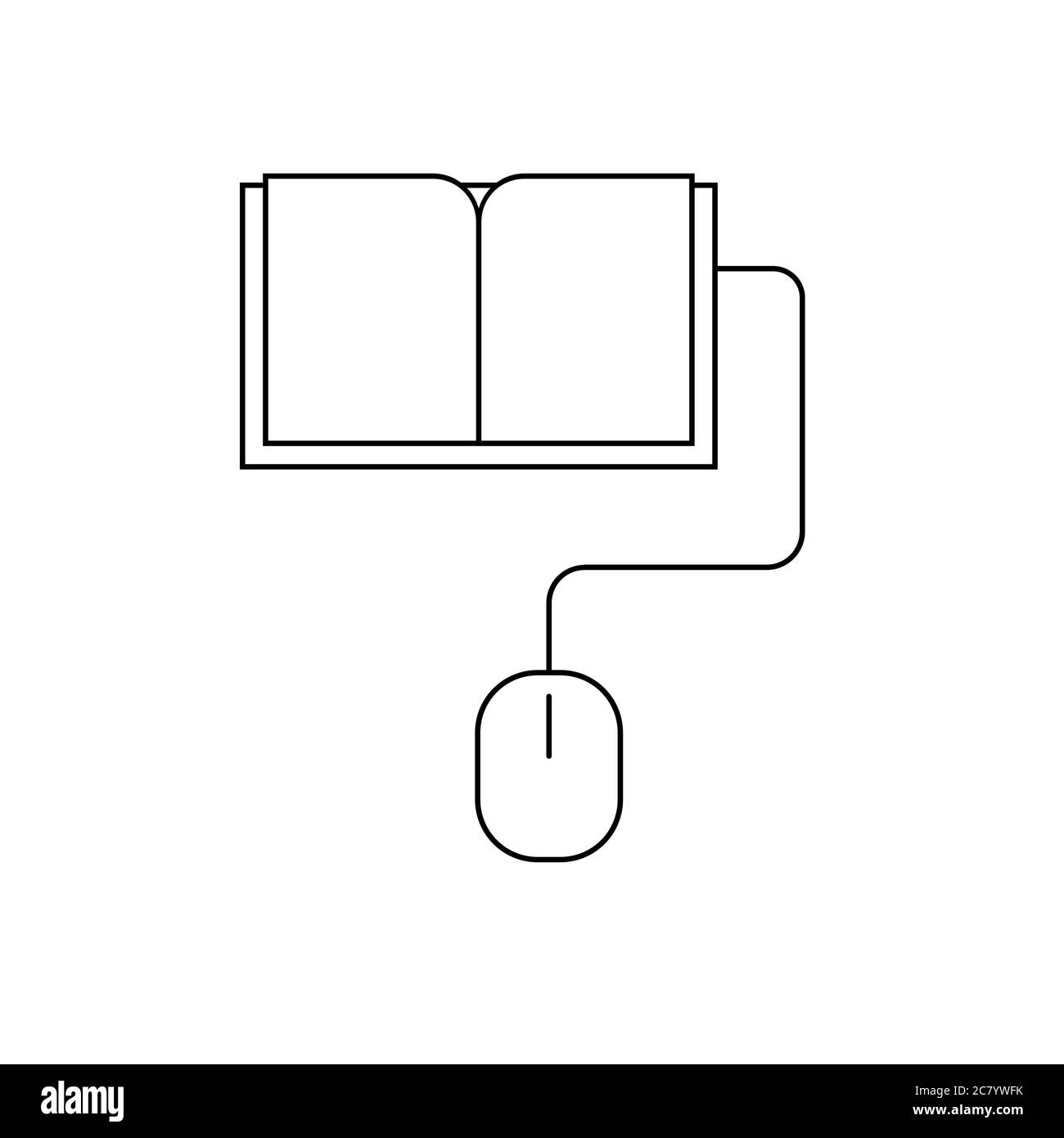 Un libro collegato a un'icona della linea del mouse del computer. Simbolo e-book. Lettura e apprendimento. Formazione online, apprendimento a distanza, homeschooling. Illustrazione Vettoriale