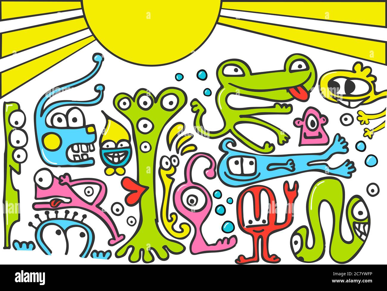 Coloratissimo doodle di simpatiche creature. Foto Stock