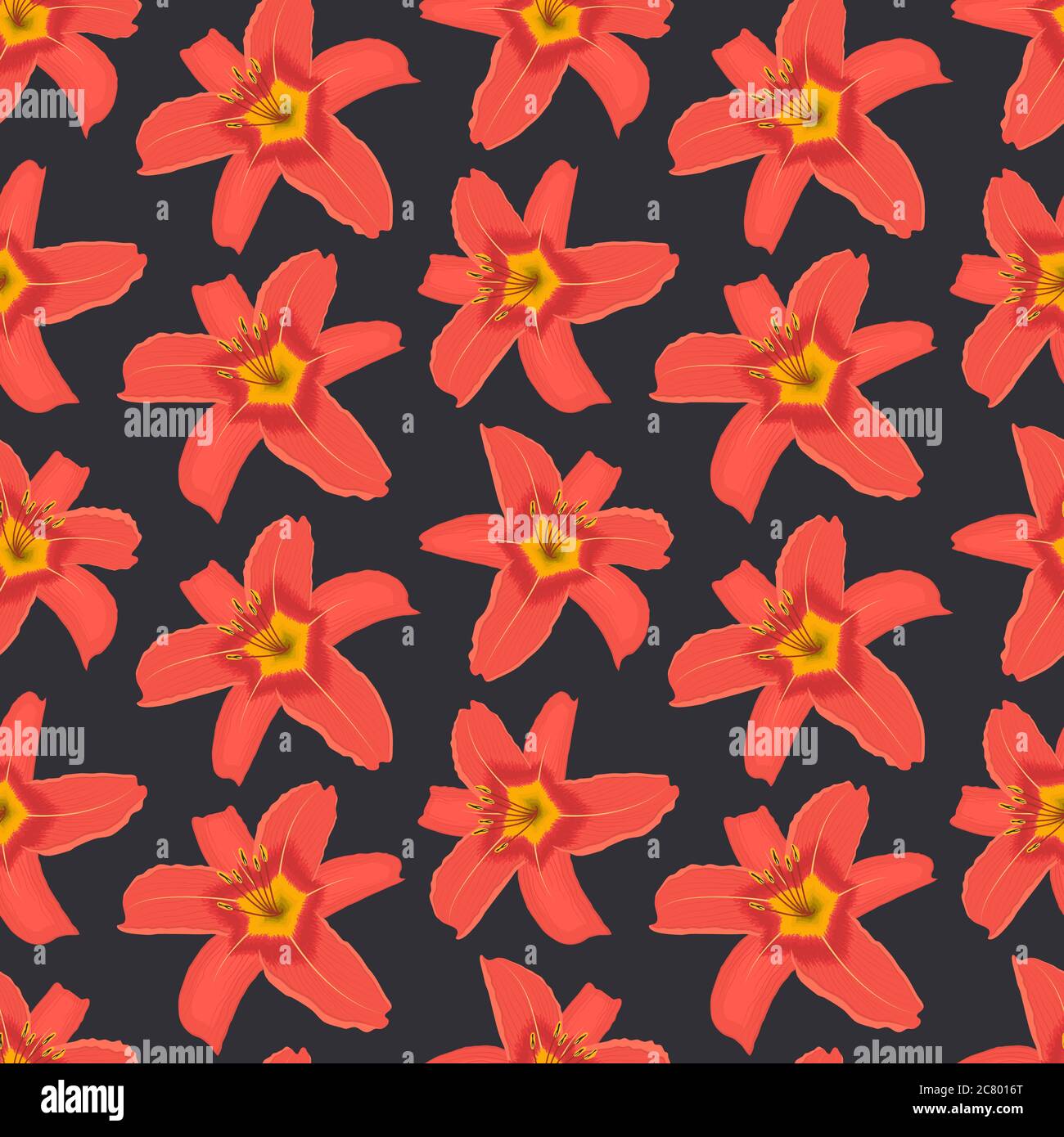 Motivo senza cuciture con fiori di giglio arancio su sfondo nero. Sfondo floreale. Illustrazione vettoriale Illustrazione Vettoriale