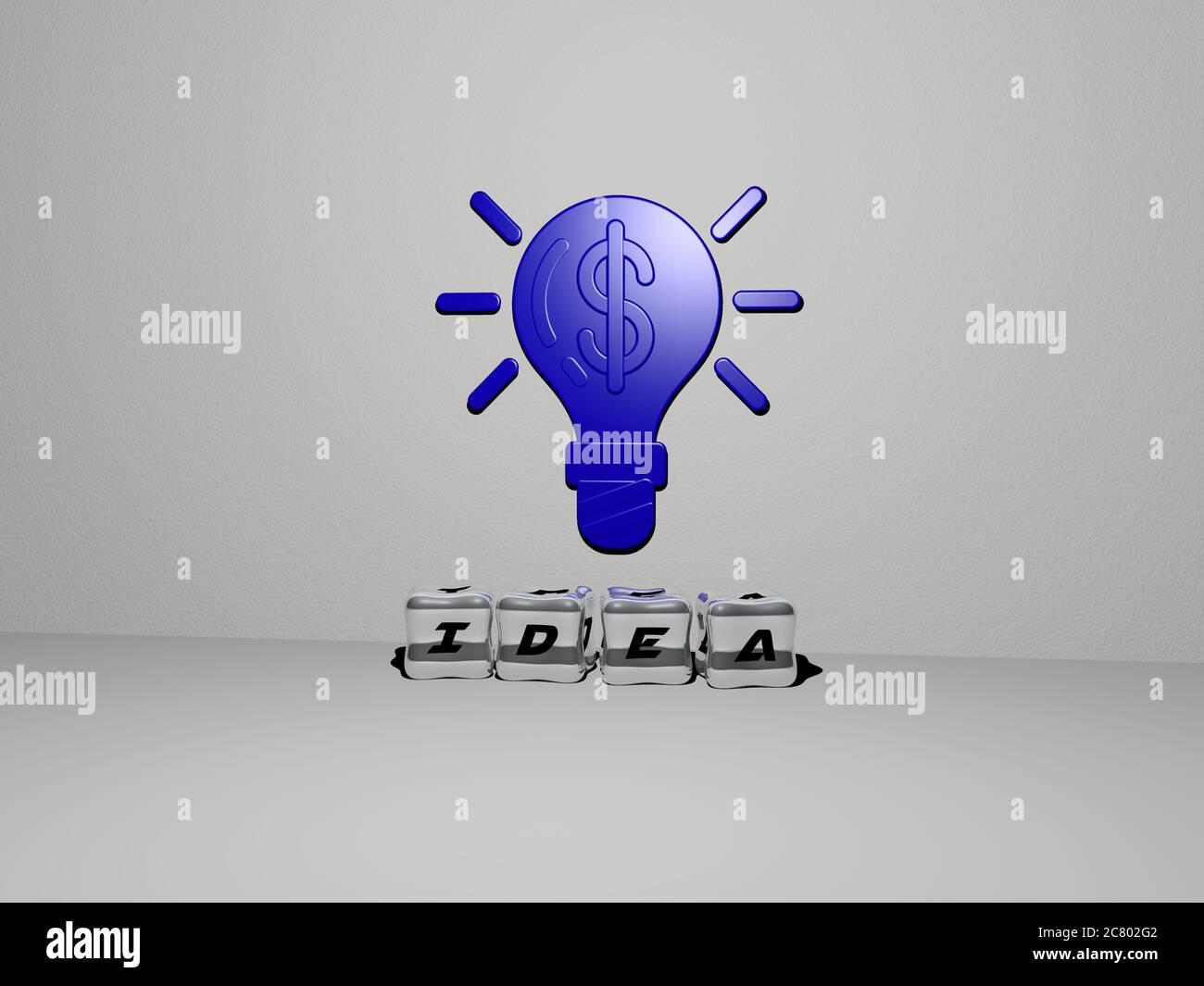 Illustrazione 3D di GRAFICA E testo DI IDEE realizzate con lettere a dadi metallici per i significati correlati del concetto e delle presentazioni. Background e business Foto Stock