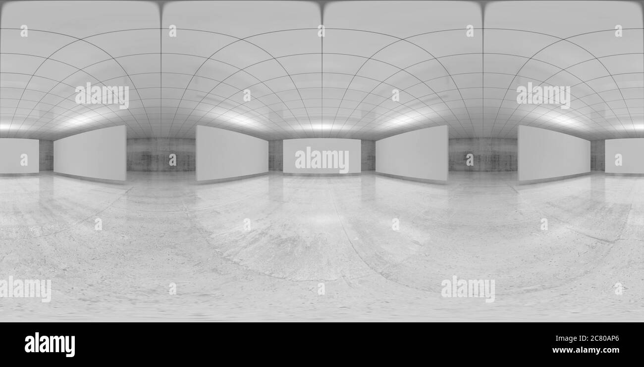 panorama vr senza giunture sferiche a 360 gradi. Interno bianco vuoto astratto con installazione stand, mappa ambientale HDRI di una galleria con Foto Stock