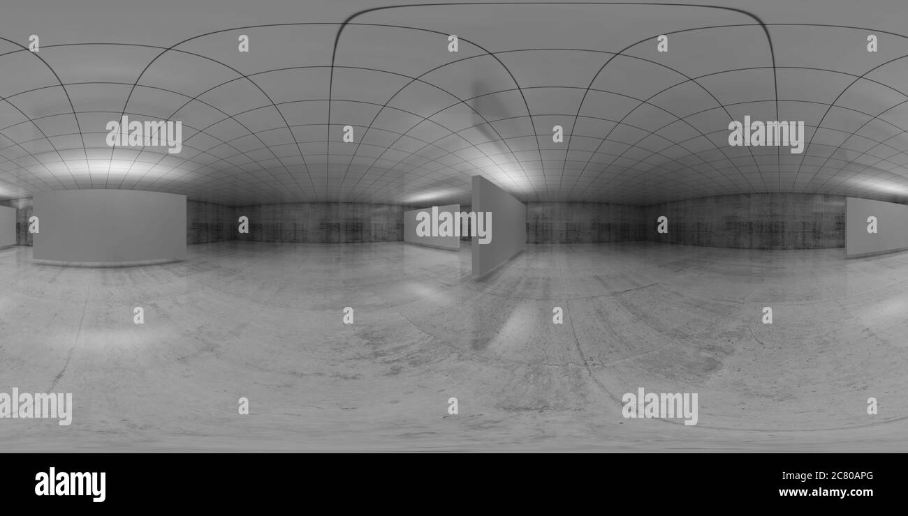 panorama vr sferico a 360 gradi. Interno bianco vuoto astratto con installazione stand, HDRI mappa ambiente senza soluzione di continuità di una galleria con Foto Stock
