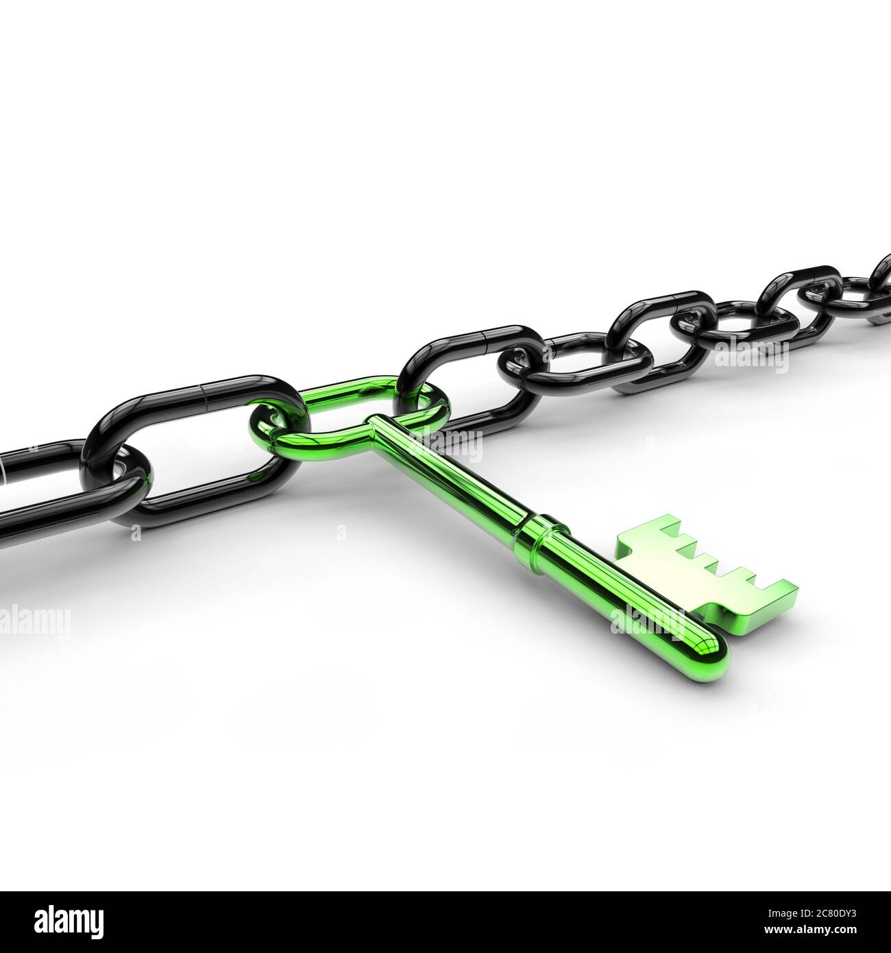 Collegamento tasto verde in una catena nera su sfondo bianco Foto Stock