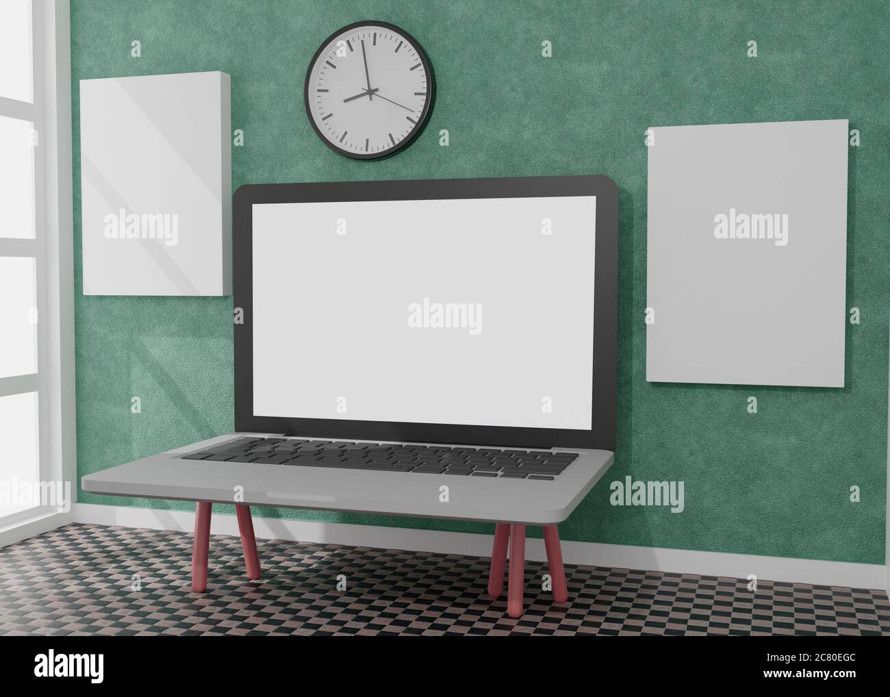 Computer desktop con schermo bianco sul tavolo del mockup 3D rendering ufficio. illustrazione 3d Foto Stock