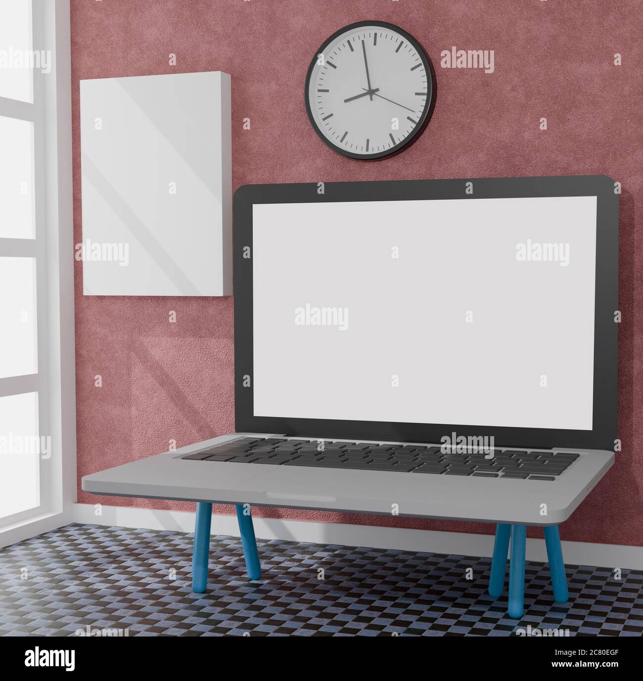 Computer desktop con schermo bianco sul tavolo del mockup 3D rendering ufficio. illustrazione 3d Foto Stock