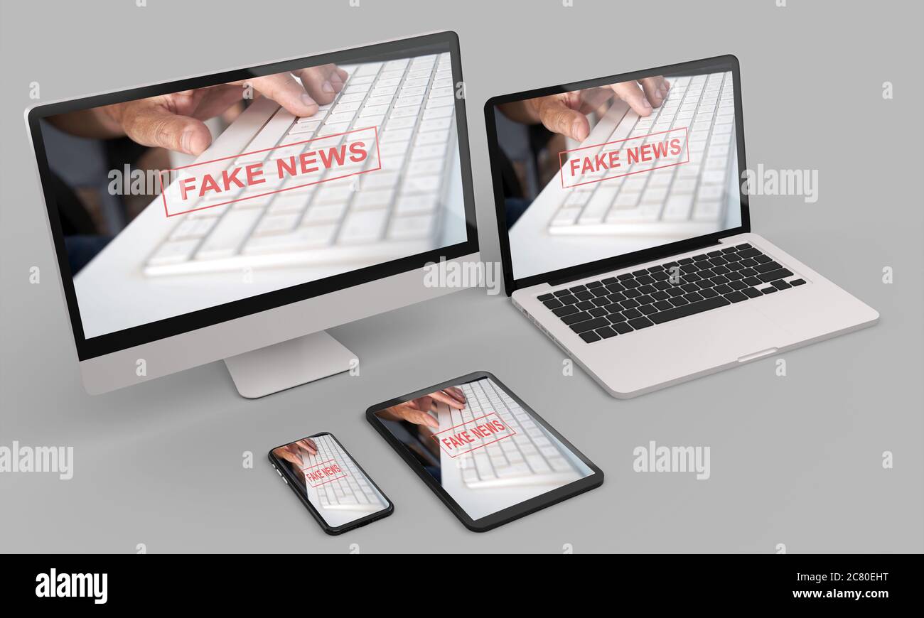 Spazio di lavoro a casa con un computer desktop rendering 3d Fake news mockup.Modern Web reattive concept . illustrazione 3d Foto Stock
