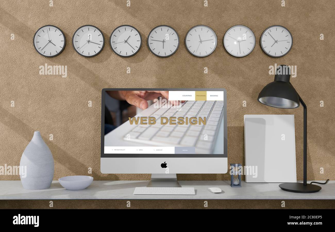 Spazio di lavoro a casa con un computer desktop rendering 3d mockup.concetto Web reattivo moderno . illustrazione 3d Foto Stock