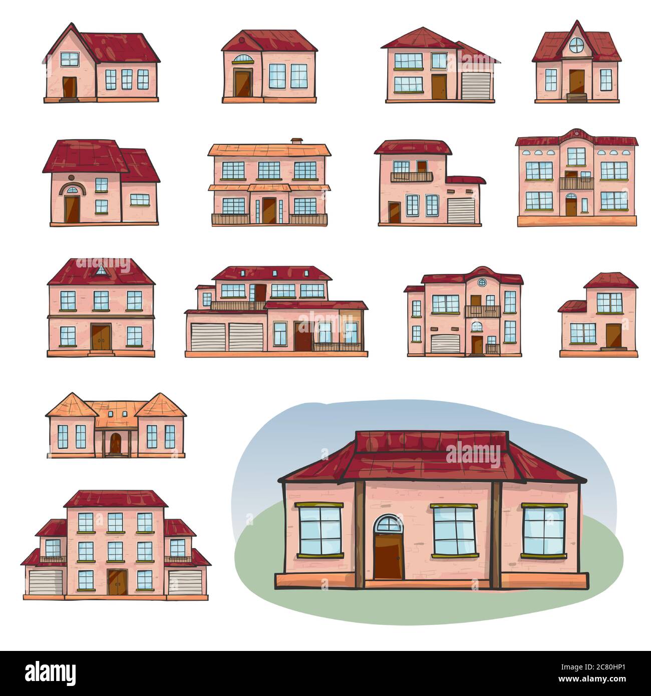 Insieme di case vettoriali diverse, stile cartoon scribble. Illustrazione Vettoriale