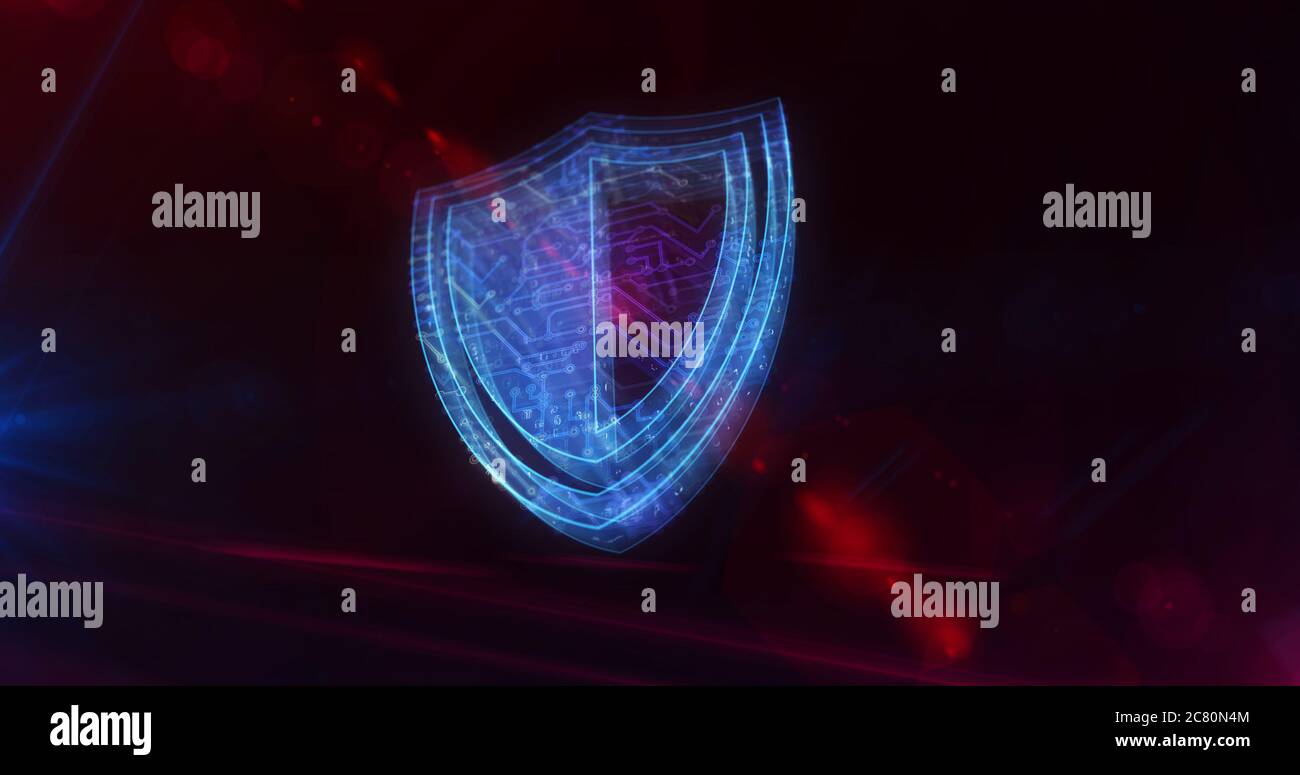 Sicurezza informatica. Tecnologia di protezione digitale, firewall e computer. Simbolo 3D del concetto futuristico sul circuito della scheda del computer in funzione. ABS Foto Stock