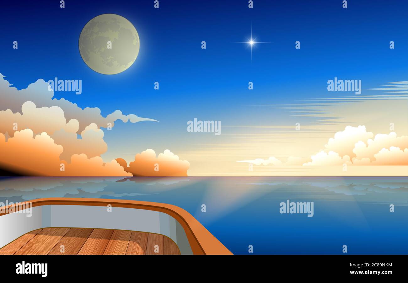 vista della luna e dell'alba al mattino sull'oceano su una barca di legno Illustrazione Vettoriale