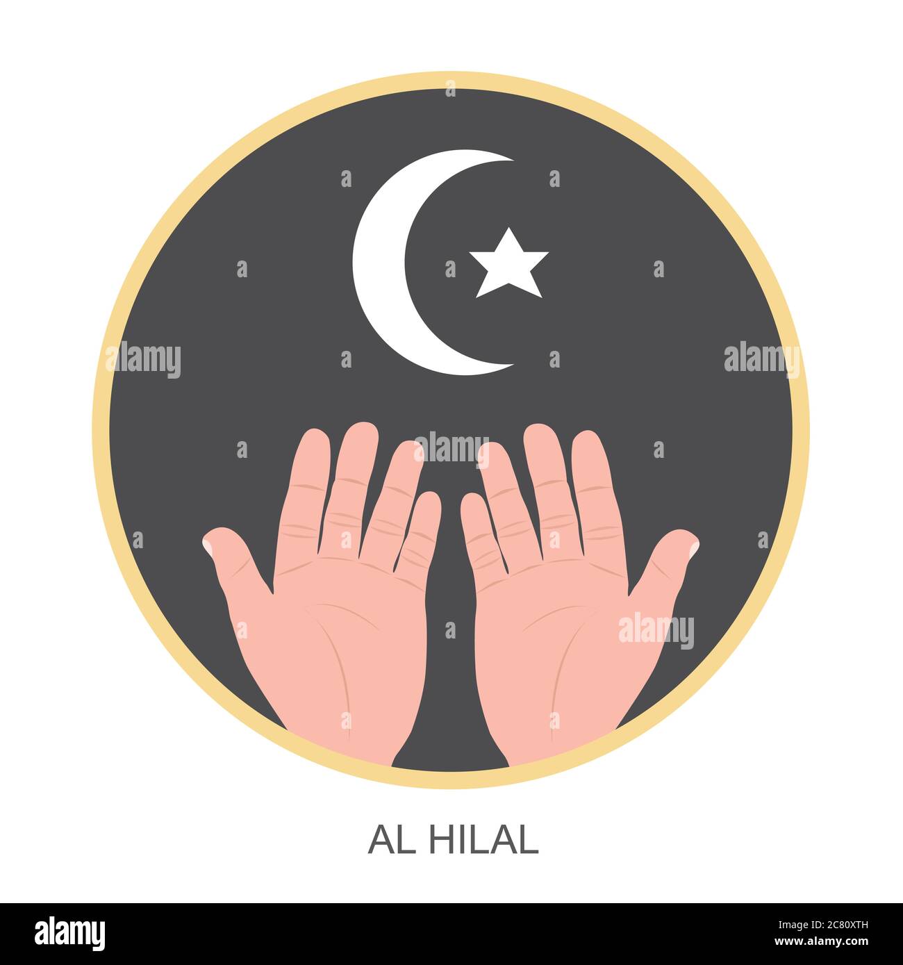 La Luna di Crescent e la Stella al Hilal simbolico. Il quadro della luna crescente, una stella e la forma del palmo di due mani spiegano tutta la rilevanza per l'Islam. Illustrazione Vettoriale