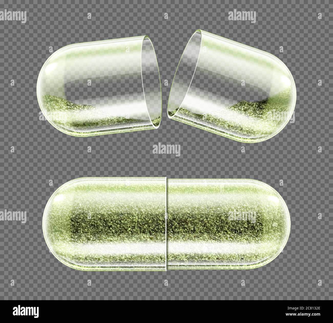 Capsula di erbe, integratore nutrizionale, pillole di polvere vicino e aperto. Medicina di erbe, rimedio naturale farmaceutico, farmaco organico isolato su sfondo trasparente. Illustrazione vettoriale 3d realistica Illustrazione Vettoriale