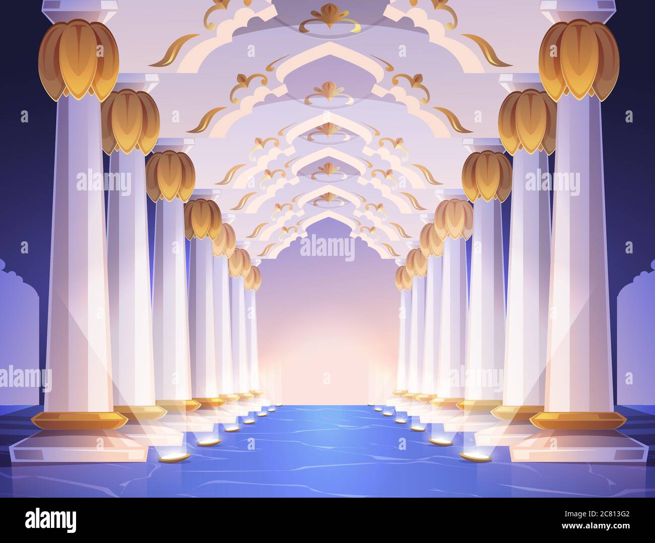 Corridoio con colonne e archi in palazzo. Interno di un cartone animato vettoriale con colonne in marmo bianco con ornamento dorato. Galleria vuota con colonnato barocco illuminato da faretti a pavimento Illustrazione Vettoriale