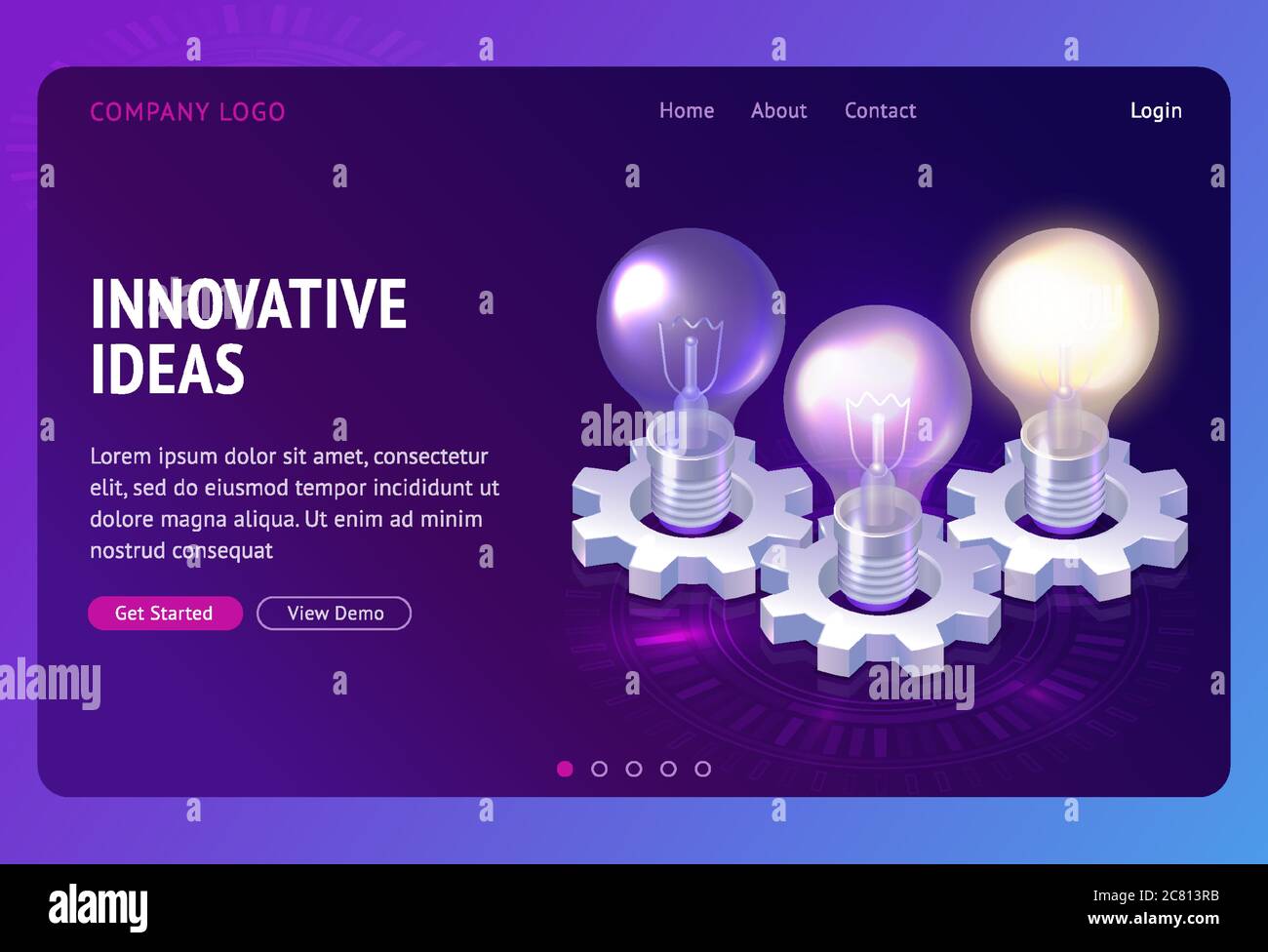 Innovativo design di idee landing page isometrica con lampadine luminose che illuminano il meccanismo delle ruote dentate. Ricerca di soluzioni creative, analisi scientifiche e lancio di startup, banner Web vettoriale 3d Illustrazione Vettoriale