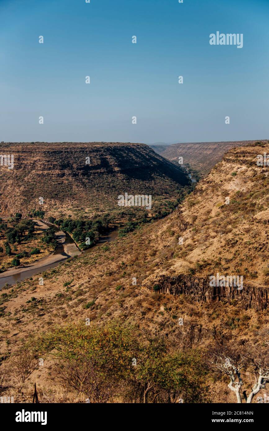 Grande gola dove il fiume awash scorre attraverso nel parco nazionale, lontano, etiopia settentrionale Foto Stock