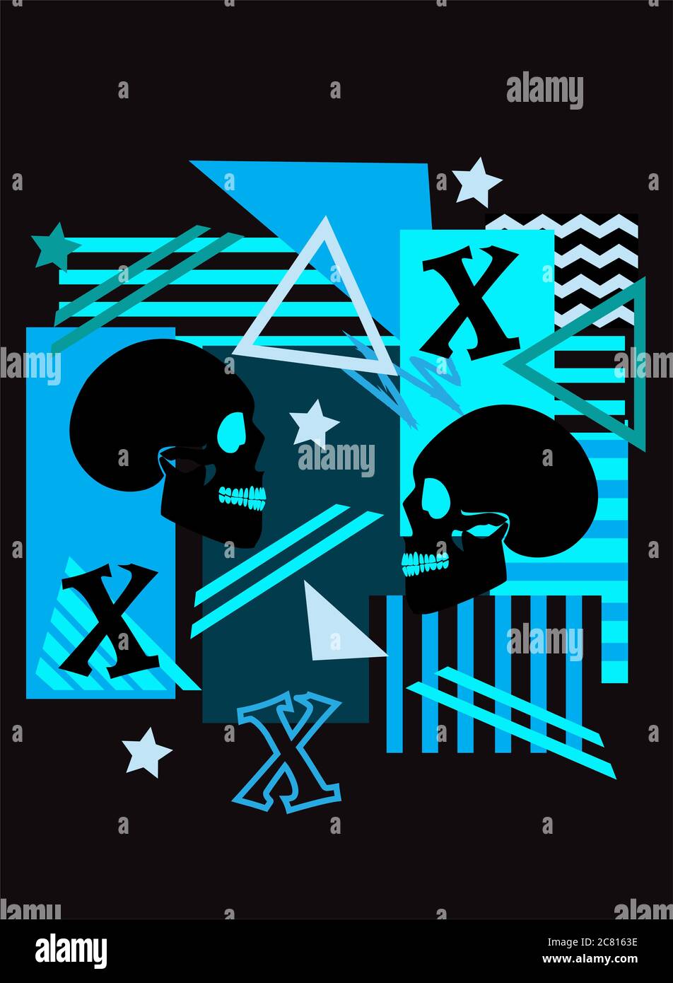 Cranio graffiti pop art sfondo blu con strisce, triangolo, stelle e lettera X. Foto Stock