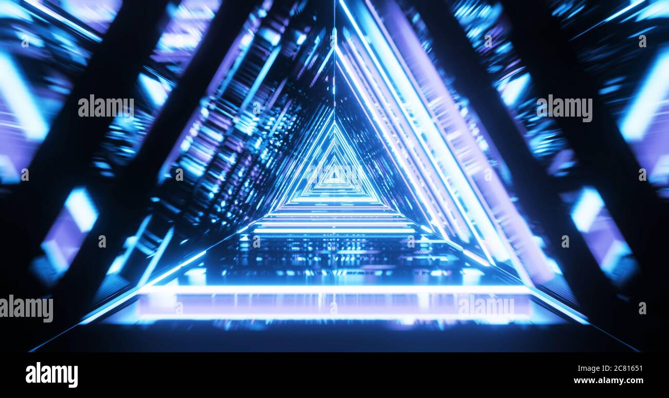Astratto corridoio futuristico con triangoli, luce ultravioletta fluorescente, linee laser colorate al neon, tunnel geometrico senza fine, spettro blu, 3d ILL Foto Stock