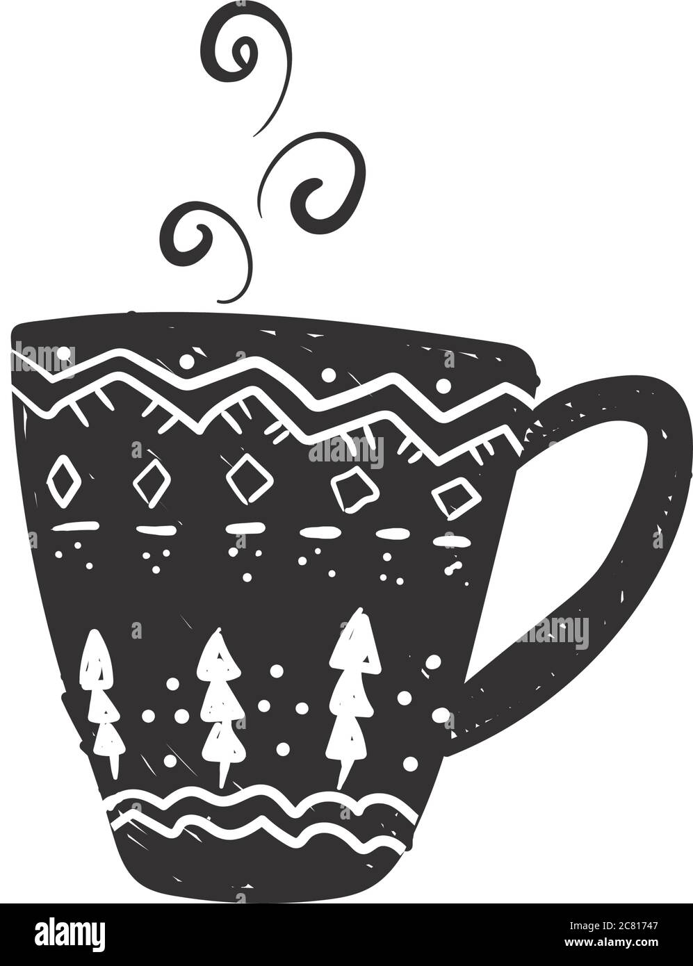 Una bella coppa di Capodanno con una città invernale. Belle case e una tazza con cacao e marshmallows. Capodanno e Natale. Illustrazione vettoriale per Illustrazione Vettoriale