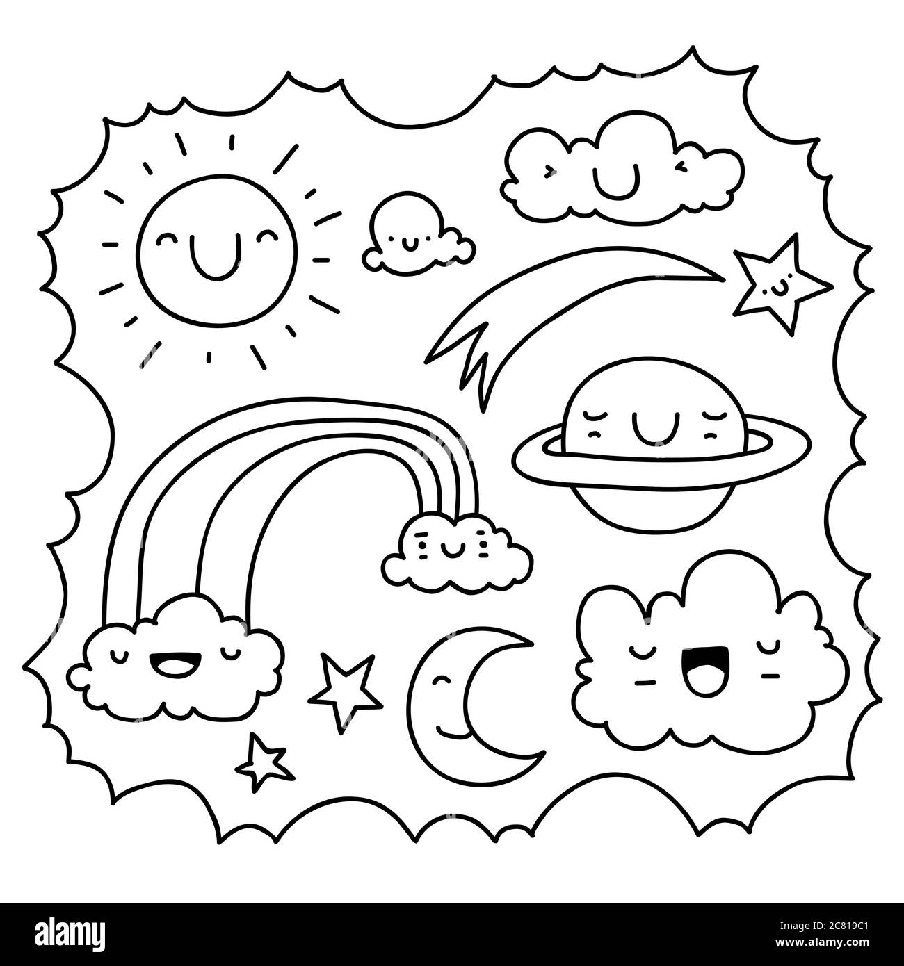 Carino scarabocchio di una nuvola telaio con elementi del cielo. Essi hanno tutti volti sorridenti. Foto Stock