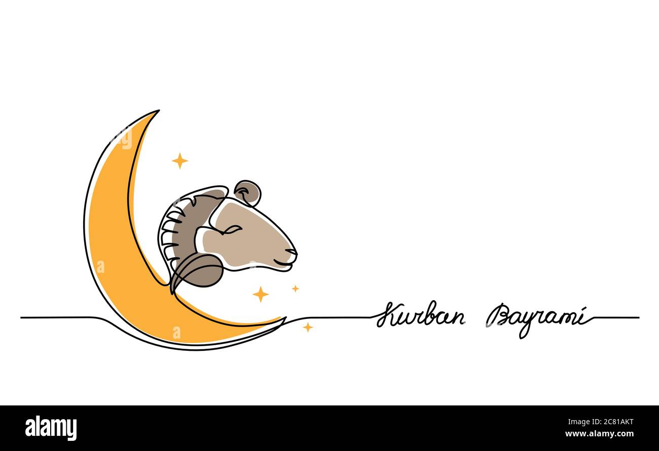 Kurban Bayrami semplice vettore di fondo, banner web con capra pecora e mezzaluna. Un disegno continuo di pecora e luna per Kurban Bayrami Illustrazione Vettoriale