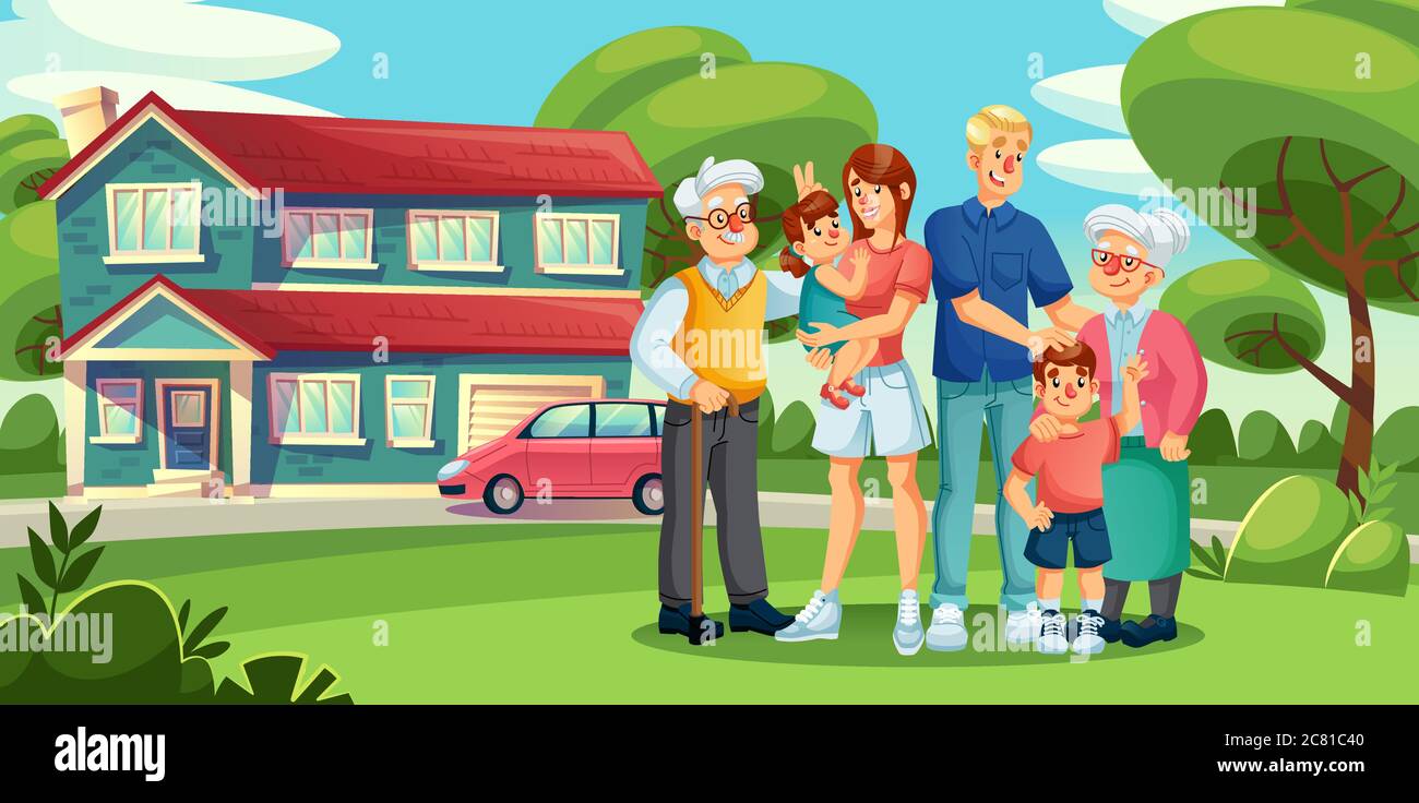 Raccolta di grandi famiglie in piedi in periferia casa cortile Illustrazione Vettoriale