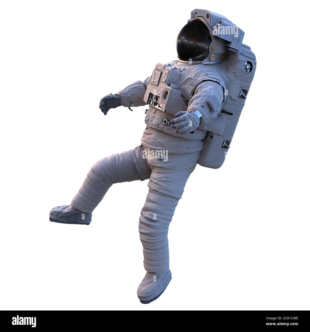 astronauta che esegue una passeggiata spaziale, isolato su sfondo bianco Foto Stock