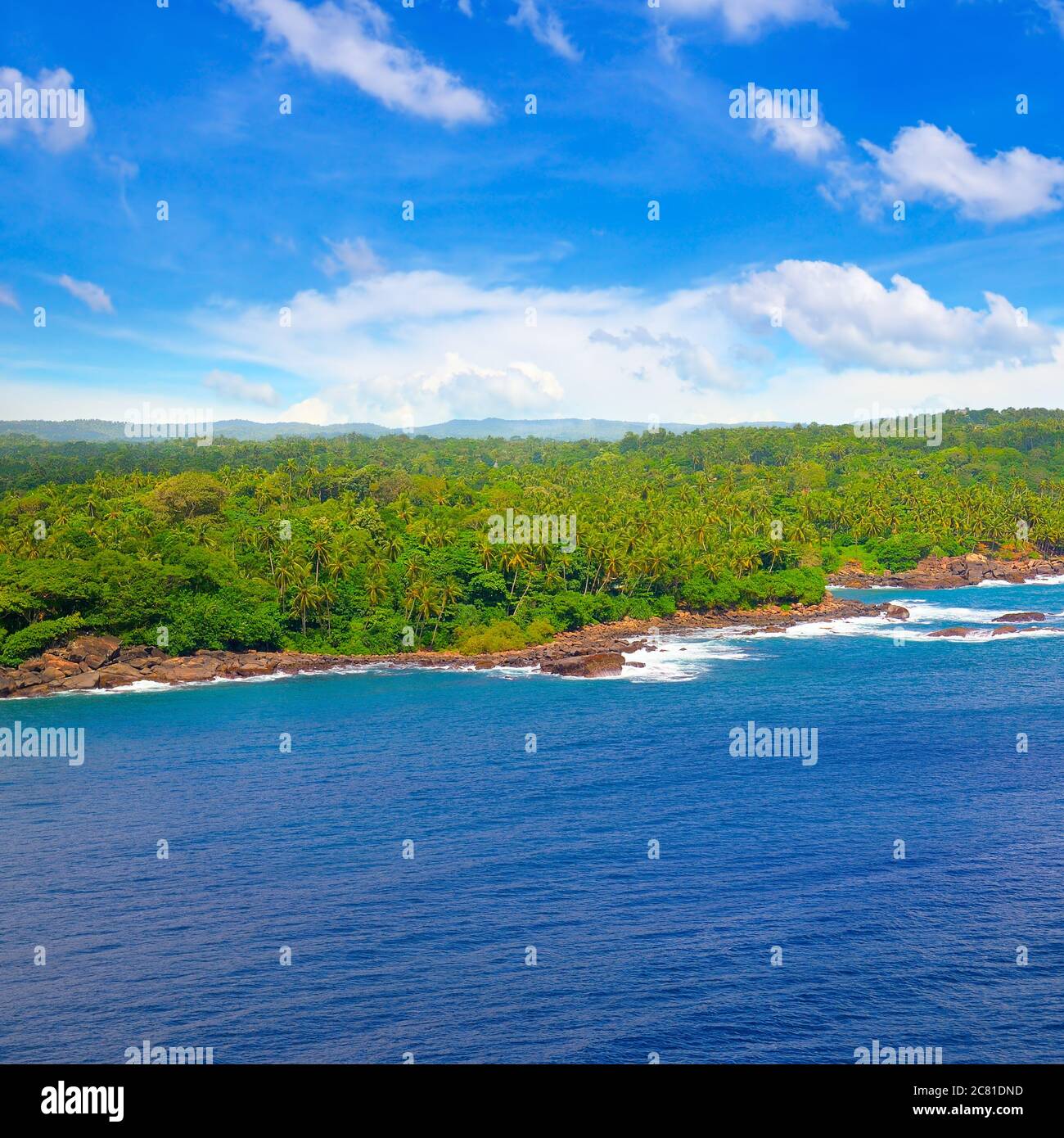 Spiaggia con splendida costa. L'acqua colorata è turchese, sabbia bianca e palme verdi. Foto Stock
