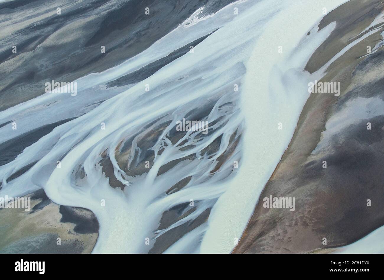 Vista aerea sul fiume Holsa nell'Islanda meridionale da un piccolo aereo Foto Stock