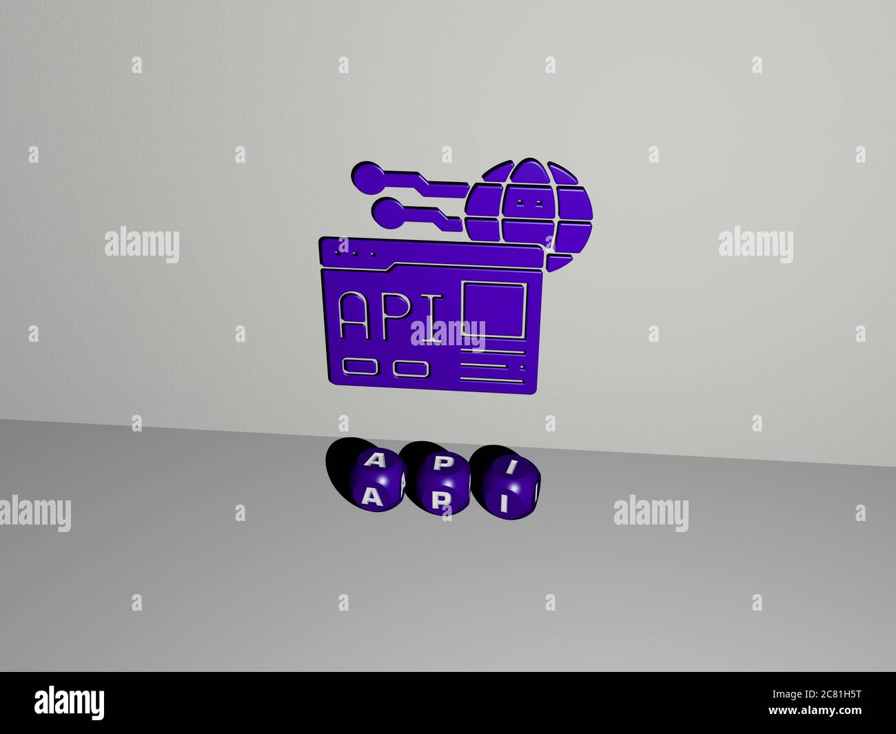 Illustrazione 3D di grafica api e testo realizzato con lettere a dadi metallici per i significati correlati del concetto e delle presentazioni. Icona e applicazione Foto Stock