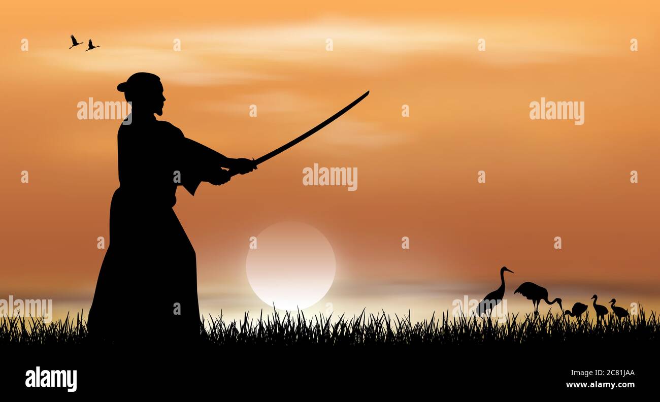 Samurai si leva con una spada in mano sullo sfondo di un tramonto soleggiato. Paesaggio giapponese. Illustrazione Vettoriale