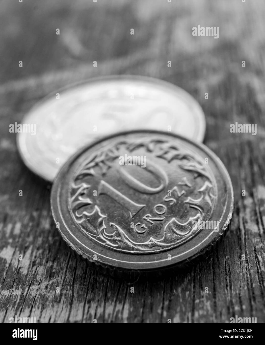 POZNAN, POLONIA - 03 luglio 2020: Primo piano di una piccola moneta polacca dieci groszy su una superficie di legno in morbido fuoco di fondo e toni monocromatici Foto Stock