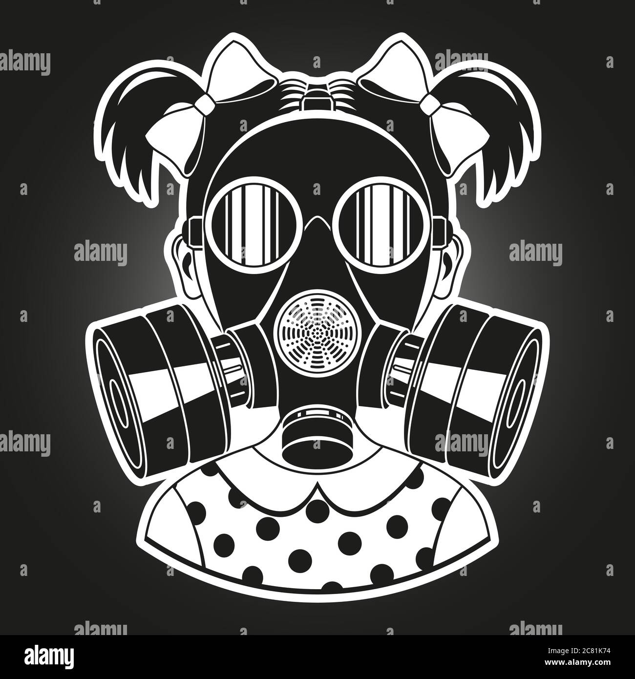 Bambina con maschera a gas. Illustrazione vettoriale monocromatica. Illustrazione Vettoriale
