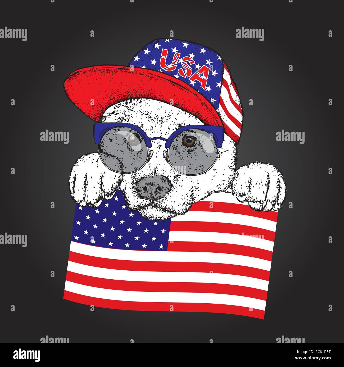 Un bel cane in un cappello, bicchieri e una cravatta. Illustrazione vettoriale per una cartolina o un poster, stampa per abiti. Cucciolo di purebred. Alabai o il Pastore Illustrazione Vettoriale