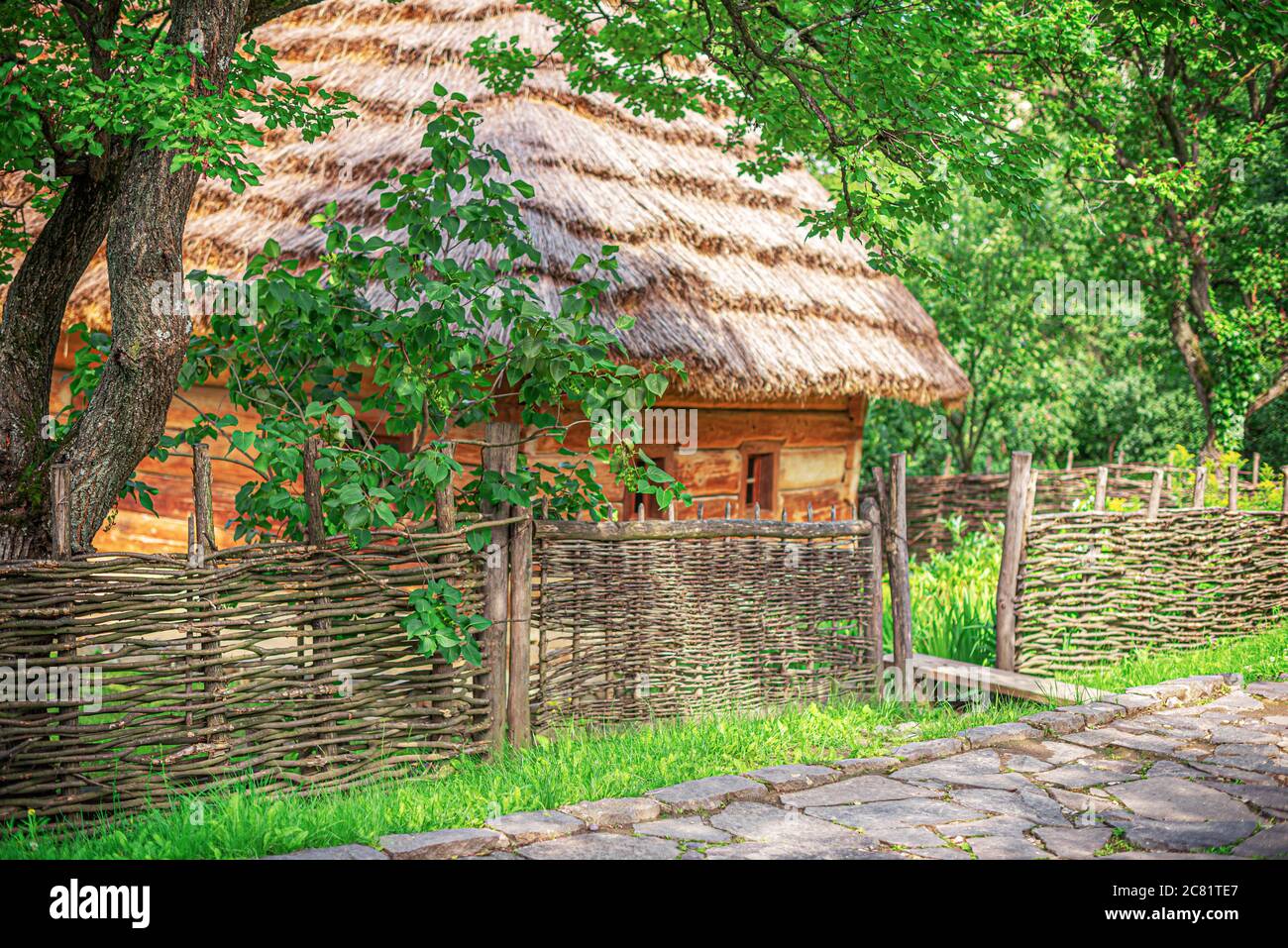 Vecchia casa di legno in campagna. Foto Stock