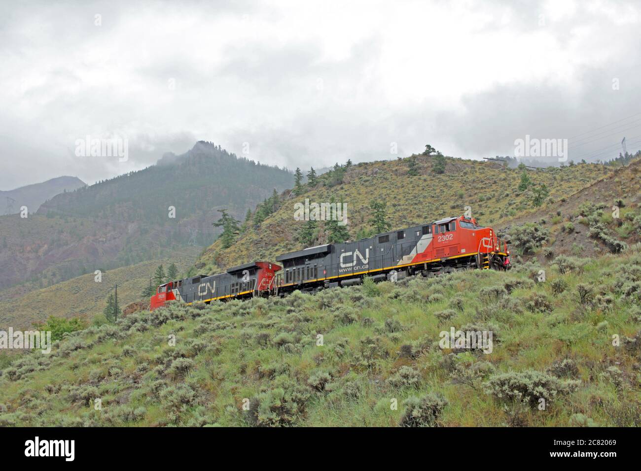 CN Canadian National rail train Engine, Fountain Valley, vicino a Lillooet, British Columbia, Canada Foto Stock