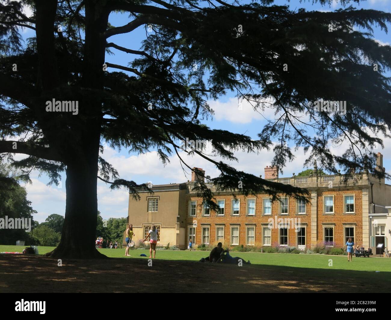 Vista dell'Abbazia di Delatre e del suo parco incorniciato dai rami di un abeto maturo; Northampton, luglio 2020 Foto Stock