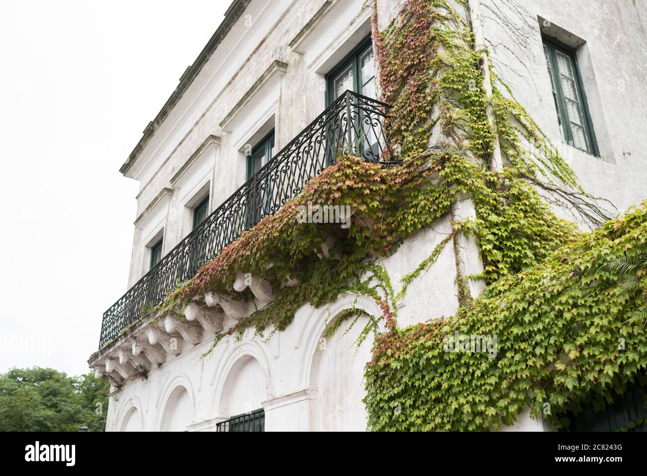Colonia del Sacramento / Uruguay; 2 gennaio 2019: Esterno di un edificio storico, con pareti bianche, balconi e viti Foto Stock