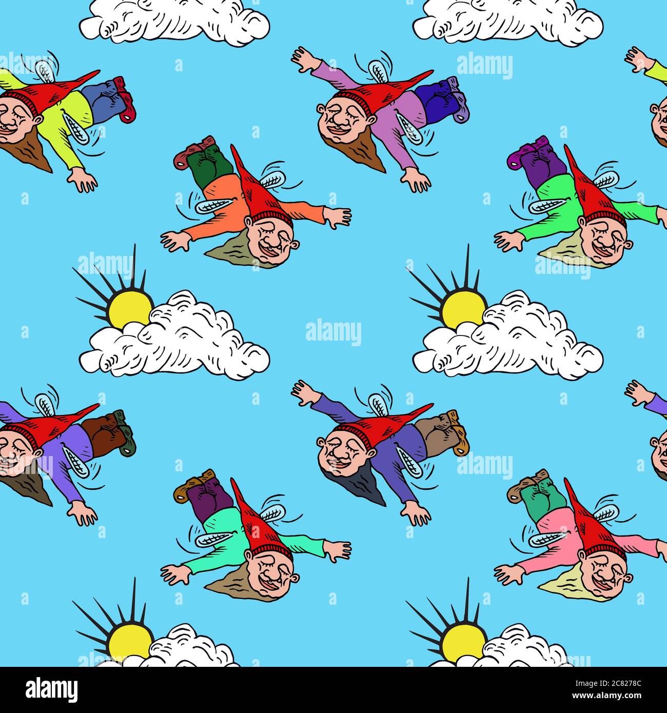 Gnomi divertenti in cappello rosso che vola su piccole ali, cielo blu e  nuvola con sole, disegno a mano doodle colorato, disegno senza cuciture  modello su blu Foto stock - Alamy