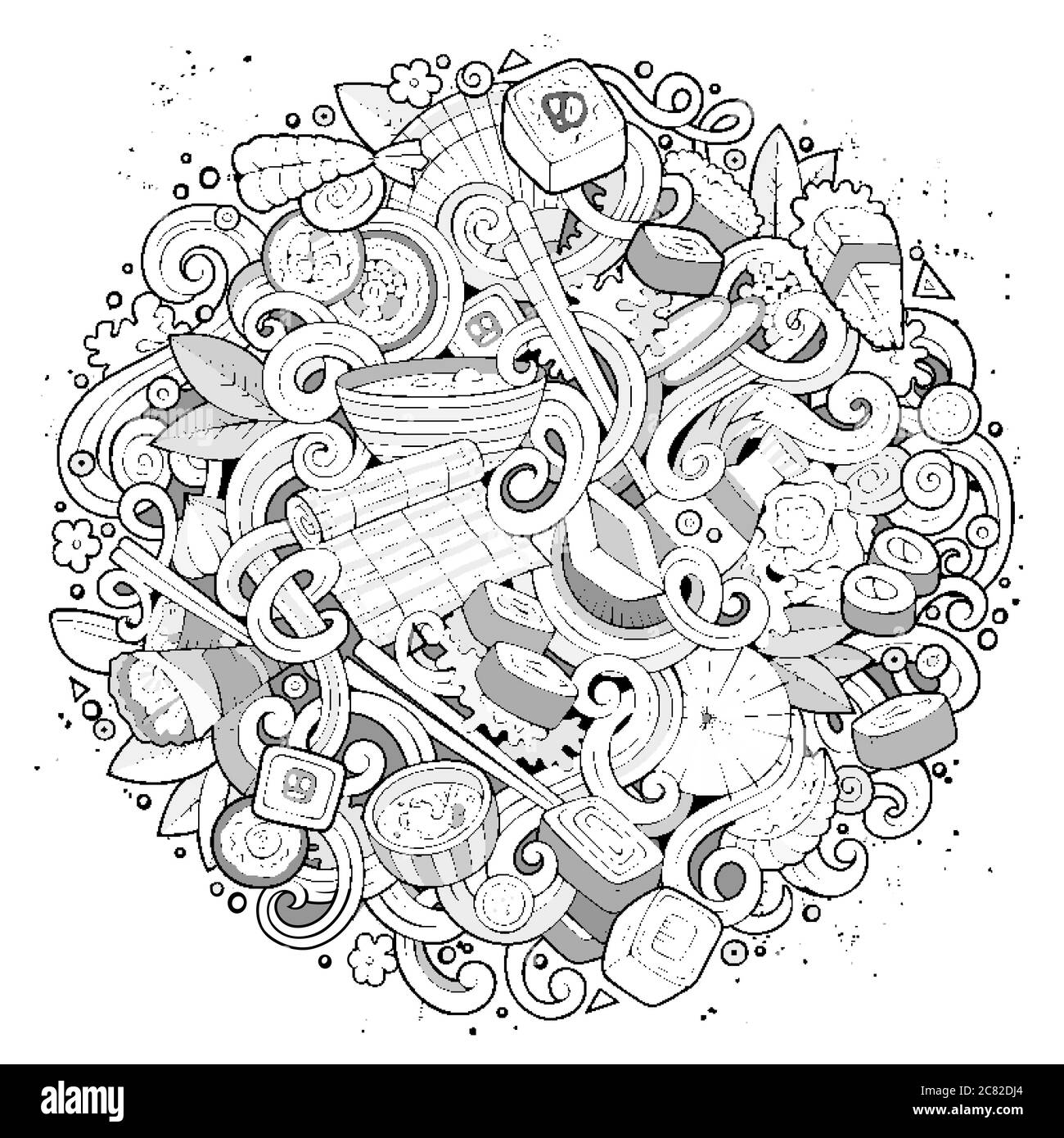 Cartoon disegni a mano doodles Giappone illustrazione alimentare. Illustrazione Vettoriale