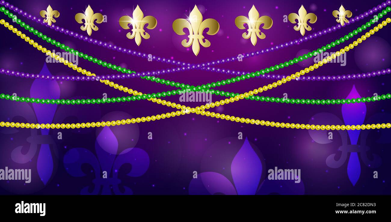 Modello orizzontale beautiful giallo, verde, porpora beads su uno sfondo notte scuro con lampi di luce. Festa di Mardi Gras. Mardi carnevale veneziano g Illustrazione Vettoriale