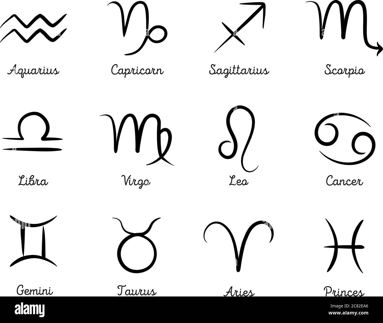 Oroscopi a mano, Oroscopo zodiaco segno illustrazione. Disegno di segni a stella per l'oroscopo astrologico. Set zodiaco Illustrazione Vettoriale
